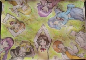 水彩色鉛筆 イラスト。アニメ「女子高生の無駄使い」エンディングの一コマを描いてみた。