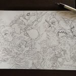 鬼滅の刃色鉛筆イラスト・炭次郎、善逸、伊之助達の呼吸と鬼化した禰津子(ねずこ)の集合絵を描きました。