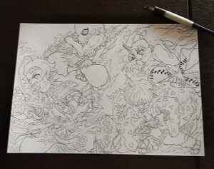 鬼滅の刃色鉛筆イラスト・炭次郎、善逸、伊之助達の呼吸と鬼化した禰津子(ねずこ)の集合絵を描きました。