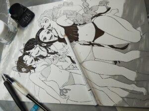 鬼滅の刃イラスト 禰豆子(ねずこ)、カナヲ、しのぶ、蜜璃 (みつり) 4人の水着イラストを描いてみました。