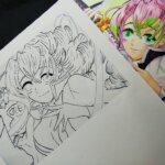 鬼滅の刃・イラスト。甘露寺蜜璃(みつり) 顔、上半身(バストアップ)塗り絵。 塗り絵の練習用線画。