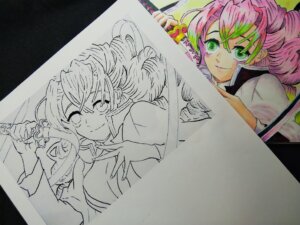 鬼滅の刃・イラスト。甘露寺蜜璃(みつり) 顔、上半身(バストアップ)塗り絵。 塗り絵の練習用線画。