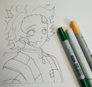 鬼滅の刃 笑顔の炭治郎イラスト。炭治郎の塗り絵用線画。コピック、色鉛筆の塗り絵の練習用に。