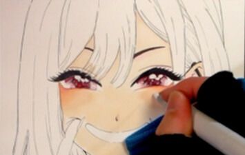 喜多川海夢　イラスト　コピック　目の塗り方　赤紫　目のハイライト　白の色鉛筆　修正液　ホワイトインク　つけペン