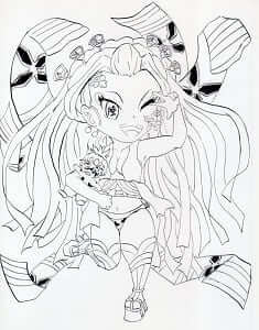 鬼滅の刃　ミニキャラ堕姫(だき)の無料塗り絵。線画をなぞって堕姫の描き方、コピックや色鉛筆で色塗りの練習用に。