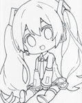 初音ミク（ミニキャラ）の無料塗り絵。線画をなぞって描き方の練習。印刷、ダウンロードしてアビスペイントやコピックで塗り絵してみよう。