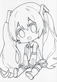 初音ミク（ミニキャラ）の無料塗り絵。線画をなぞって描き方の練習。印刷、ダウンロードしてアビスペイントやコピックで塗り絵してみよう。