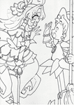 「名探偵プリキュア！」×「おジャ魔女どれみ」 コラボの可愛いイラストの塗り絵。印刷、ダウンロードしてアビスペイントなどで塗り絵できるよ。
